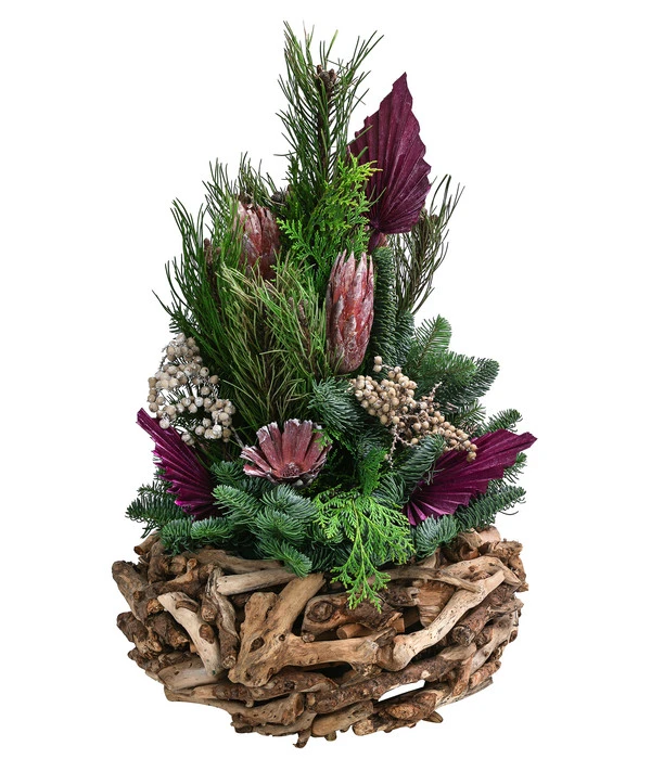 Grabgesteck In Wurzelholz-Schale, Rund, Pink, Ca. Ø35/H60 Cm 3 Grabgesteck In Wurzelholz-Schale, Rund, Pink, Ca. Ø35/H60 Cm