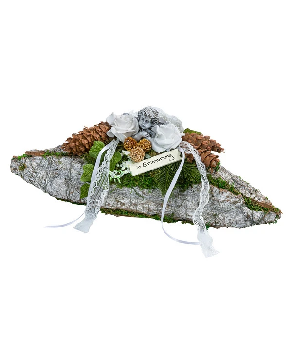 Grabgesteck Aus Rinde, Oval, Weiß, Ca. B40/H15/T14 Cm 3 Grabgesteck Aus Rinde, Oval, Weiß, Ca. B40/H15/T14 Cm