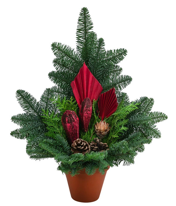 Grabgesteck Im Terrakotta-Topf, Dreieckig, Rot, Ca. B40/H50/T20 Cm 3 Grabgesteck Im Terrakotta-Topf, Dreieckig, Rot, Ca. B40/H50/T20 Cm